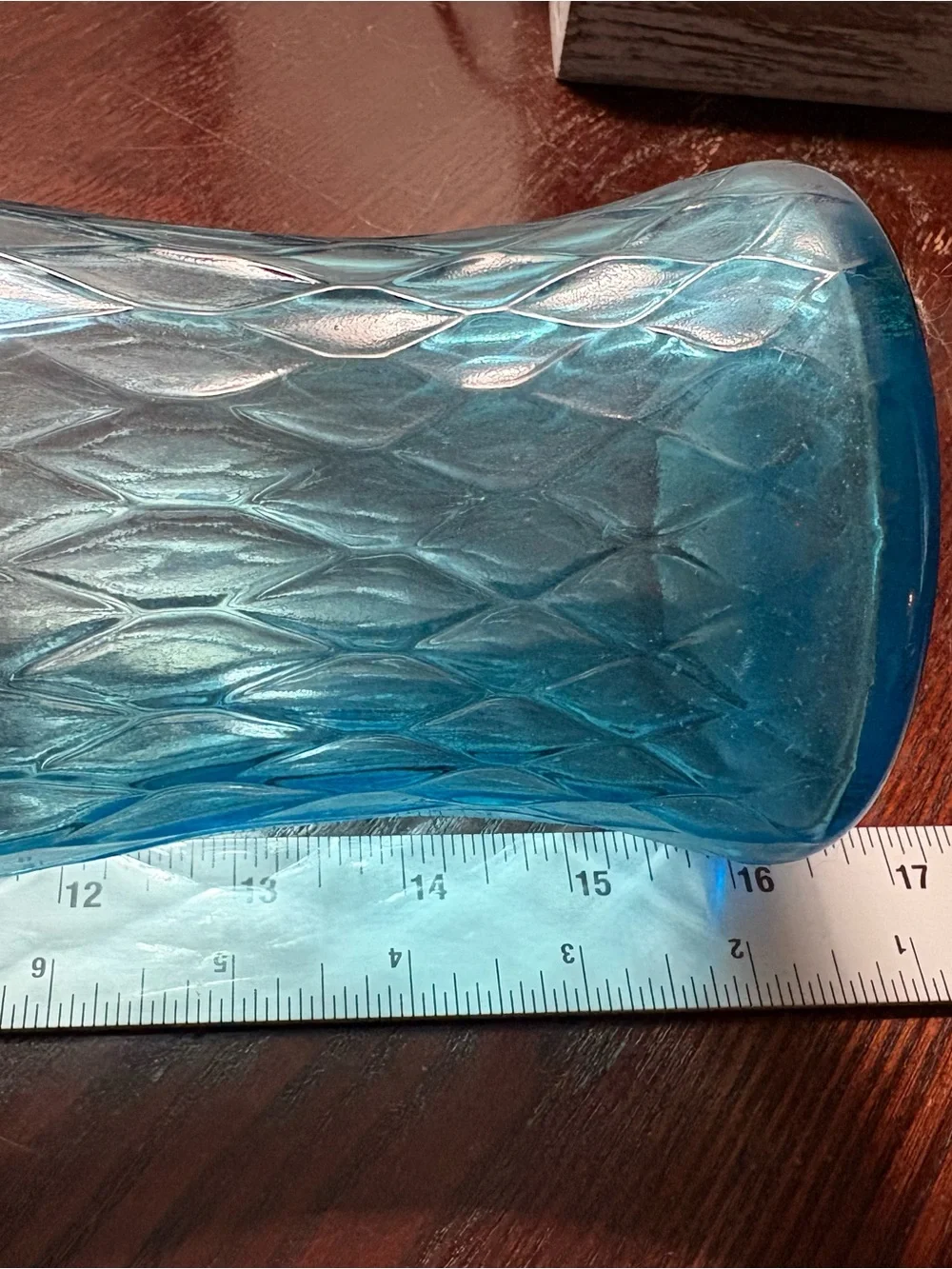 Vintage Blue Glass Decanter 100% recycled glass with a textured diamond pattern.